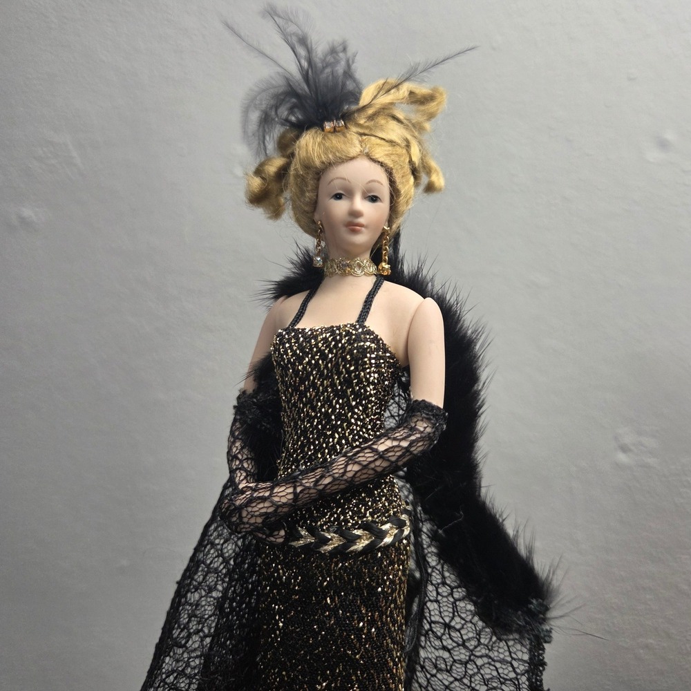 Vintage Porcelain Collector Doll Black Gold Metallic Mermaid Gown Lace Cape
